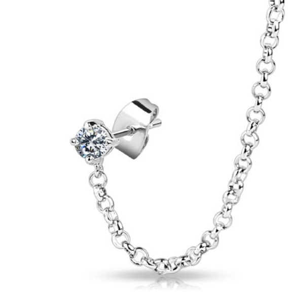 Flying Dragon Design Ear Cuff with Chain Linked Clear CZ set Stud Ear Rings - Picture 3 of 4